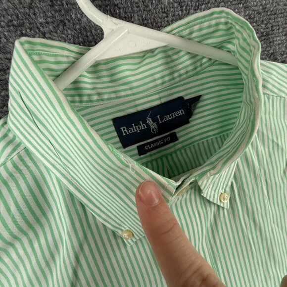Ralph Lauren Men Button Up Shirt Long Sleeve Green Striped Classic 16.5 34/35 - Picture 10 of 16
